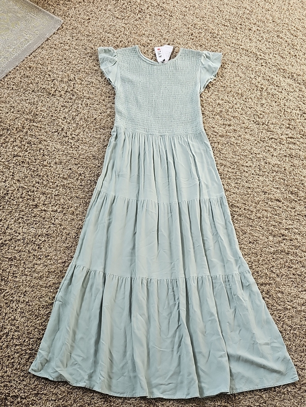 NWT KYL Dress Tiered Sage Flutter Sleeves Large Boho Midi Maxi - Picture 2 of 7